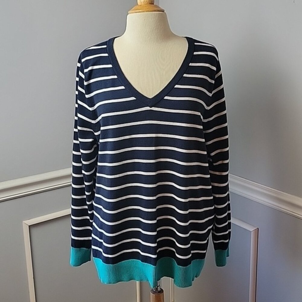 CARIBBEAN JOE Navy Blue White Stripe Teal Hem Cuff V-Neck Nautical Boho‎ Sweater